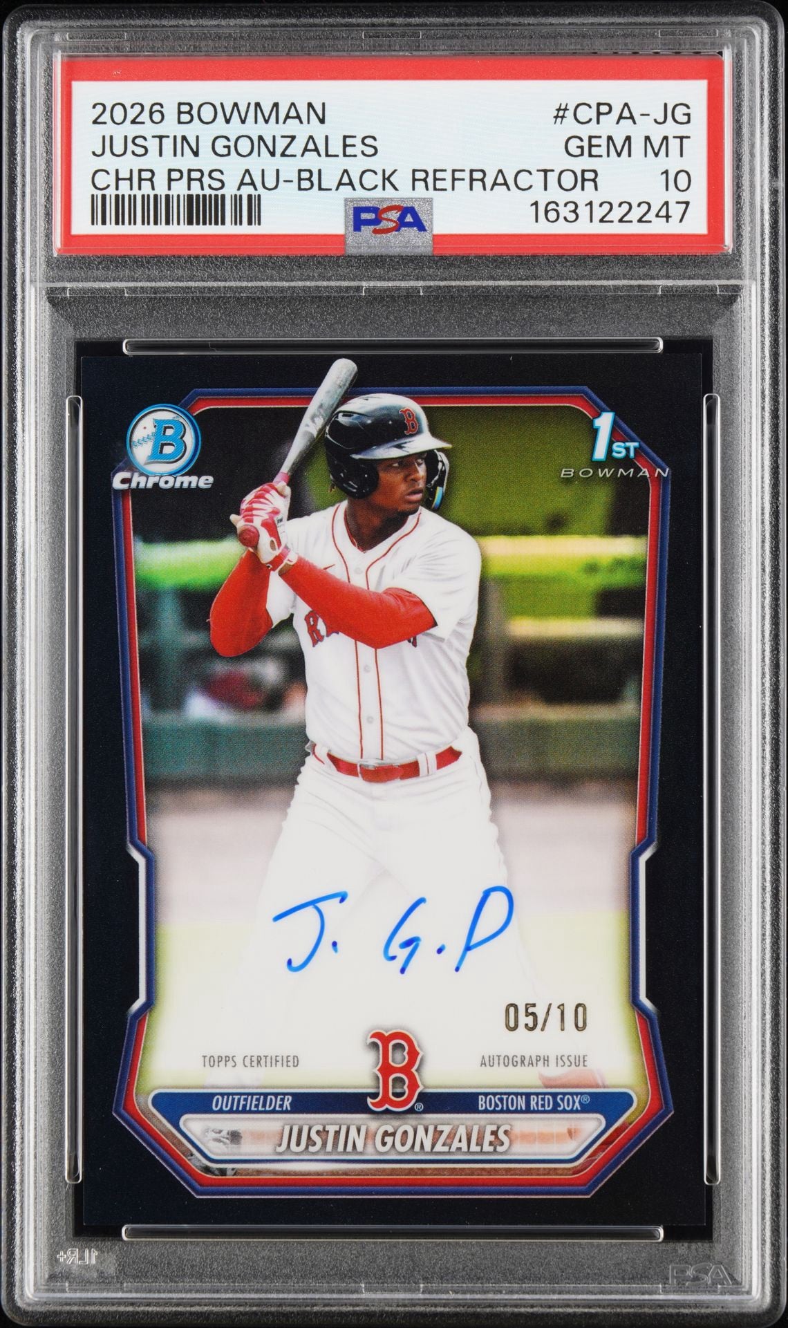 2026 Bowman Chrome Justin Gonzales Black Refractor 5/10 Auto PSA 10 Red Sox