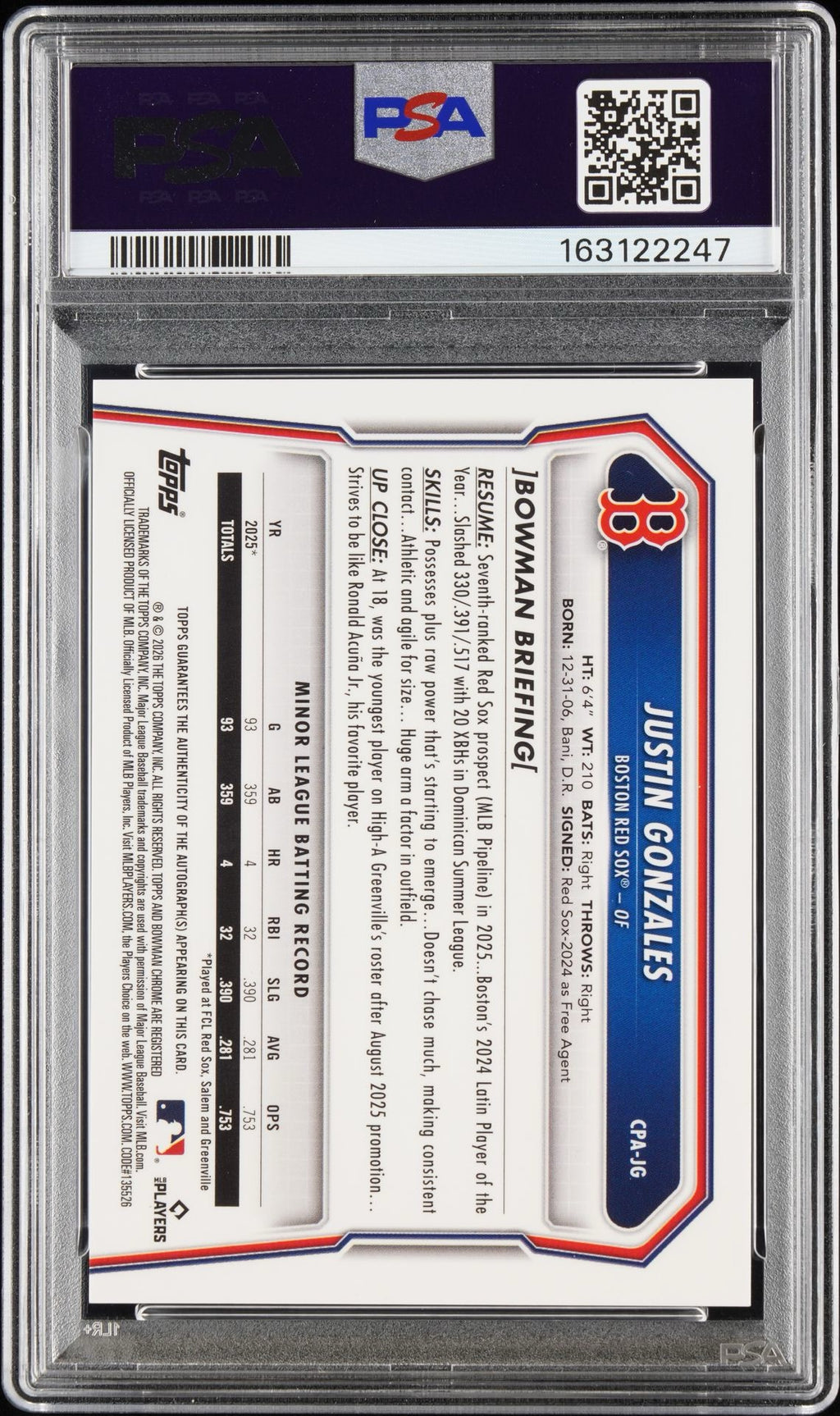 2026 Bowman Chrome Justin Gonzales Black Refractor 5/10 Auto PSA 10 Red Sox