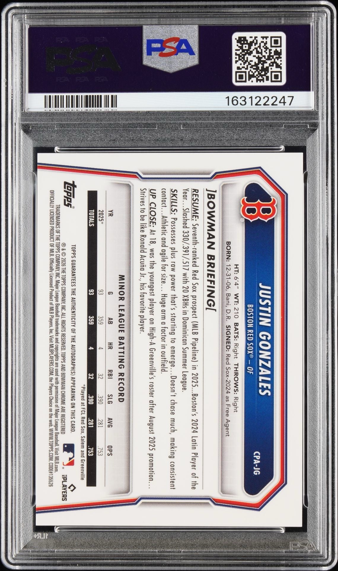 2026 Bowman Chrome Justin Gonzales Black Refractor 5/10 Auto PSA 10 Red Sox