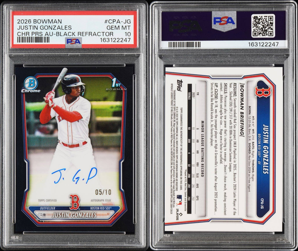 2026 Bowman Chrome Justin Gonzales Black Refractor 5/10 Auto PSA 10 Red Sox